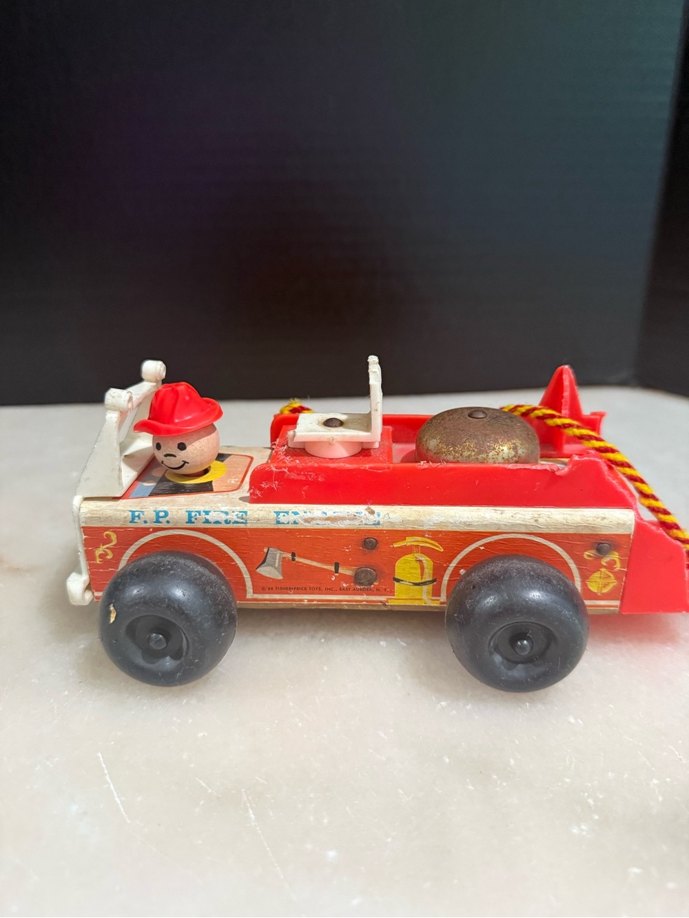 Vintage 1968 Fisher Price Little People Fire Truck Engine 720 Wood Toy 8"